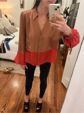 Colorblock Long-Sleeve Button Front Blouse in Brown and Red